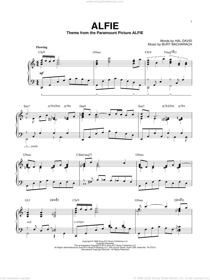 Alfie [Jazz version] (arr. Brent Edstrom) sheet music for piano solo by Bacharach & David, Cher, Dionne Warwick, Sonny Rollins, Stevie Wonder, Burt Bacharach and Hal David, intermediate skill level