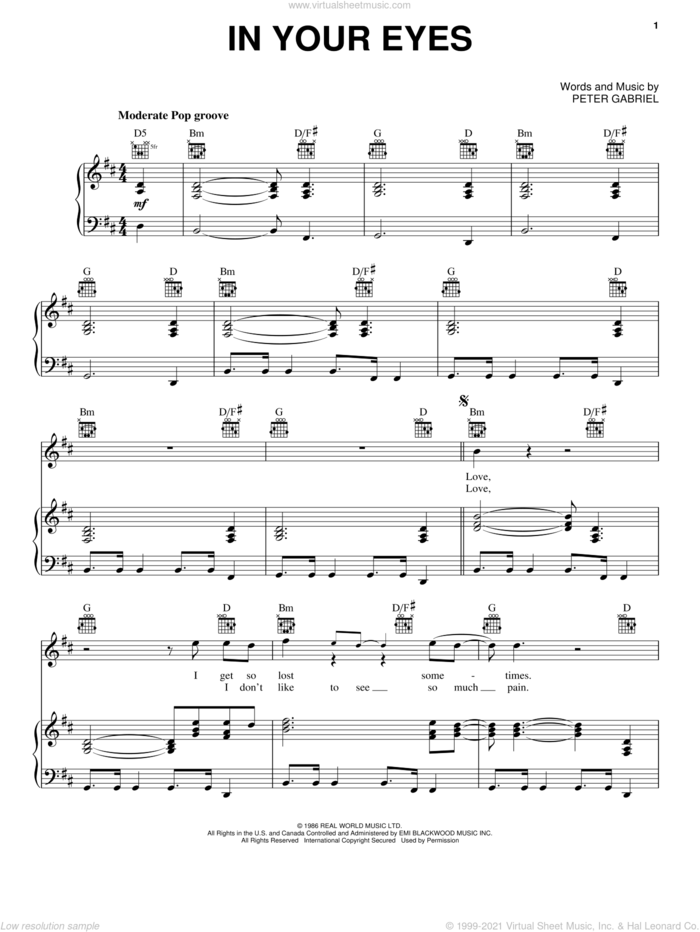 In Your Eyes sheet music for voice, piano or guitar by Peter Gabriel, wedding score, intermediate skill level