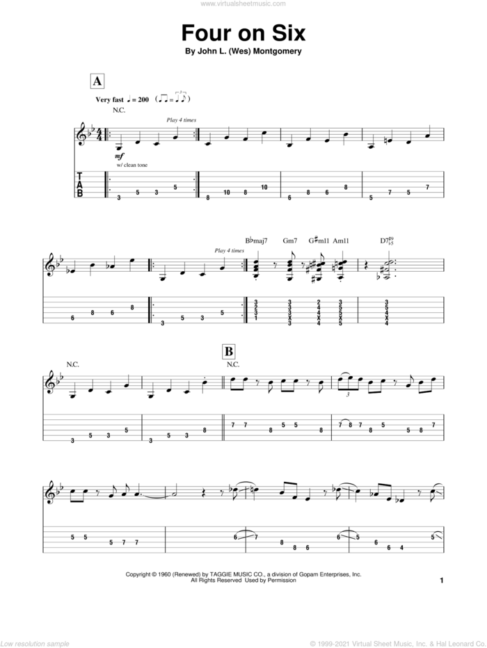 Four On Six sheet music for guitar (tablature, play-along) by Wes Montgomery, intermediate skill level