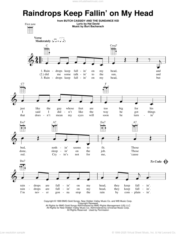 Raindrops Keep Fallin' On My Head sheet music for ukulele by Bacharach & David, B.J. Thomas, Burt Bacharach and Hal David, intermediate skill level