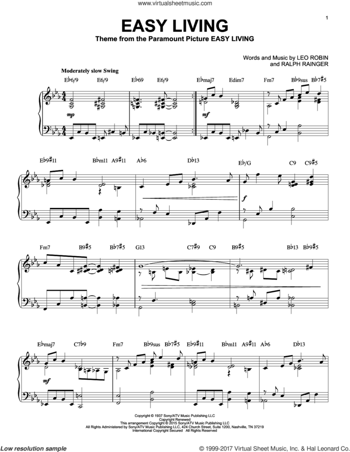 Easy Living [Jazz version] (arr. Brent Edstrom) sheet music for piano solo by Billie Holiday, Leo Robin and Ralph Rainger, intermediate skill level