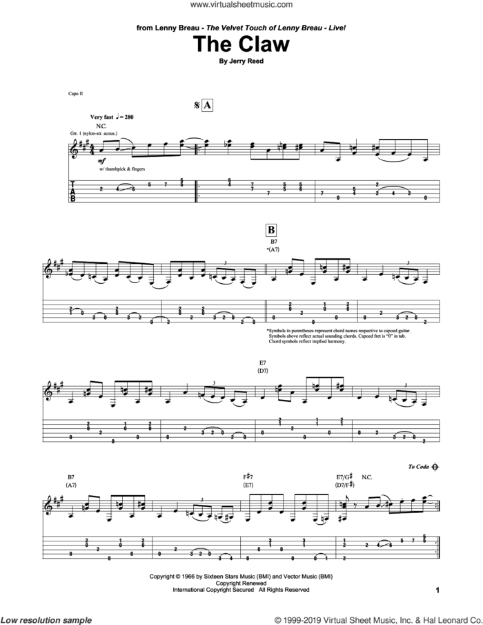 The Claw sheet music for guitar (tablature) by Lenny Breau and Jerry Reed, intermediate skill level