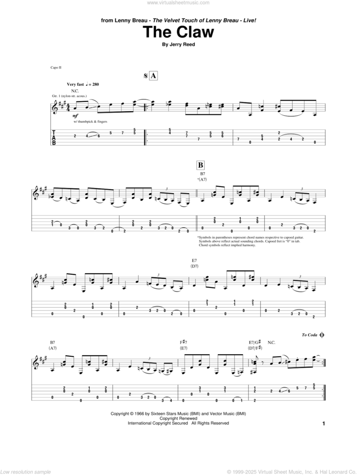 The Claw sheet music for guitar (tablature) by Lenny Breau and Jerry Reed, intermediate skill level