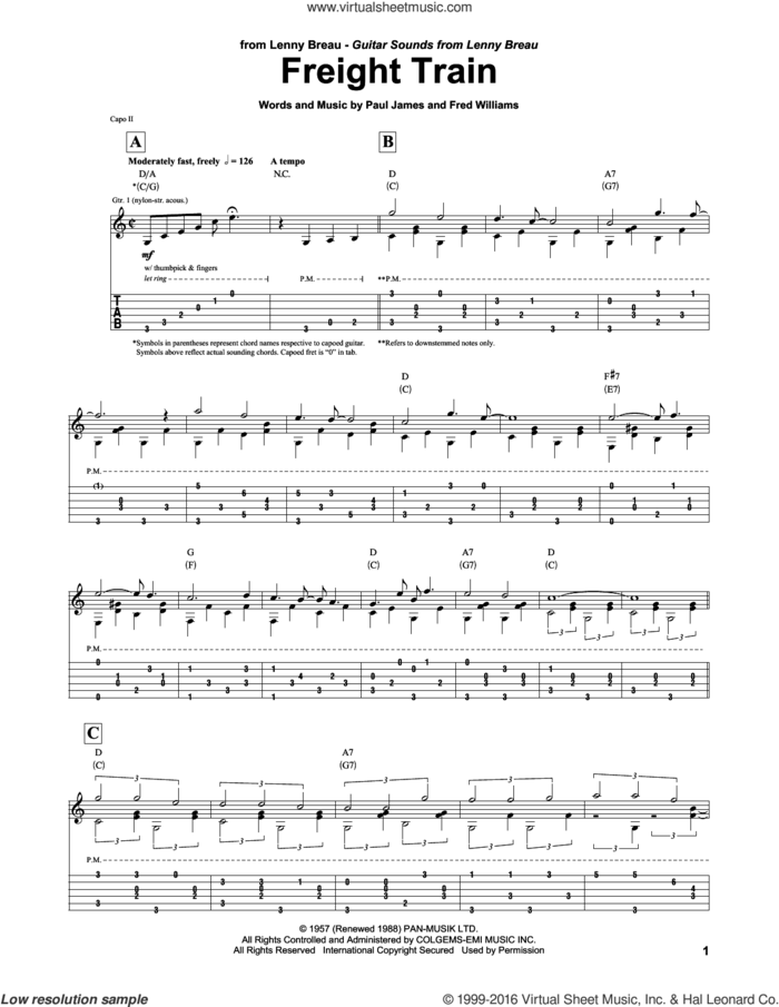 Freight Train sheet music for guitar (tablature) by Lenny Breau, Fred Williams and Paul James, intermediate skill level