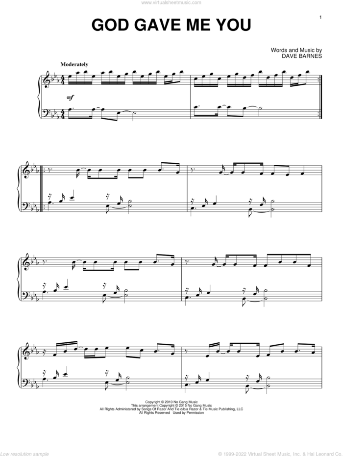 God Gave Me You sheet music for piano solo by Blake Shelton and Dave Barnes, wedding score, intermediate skill level