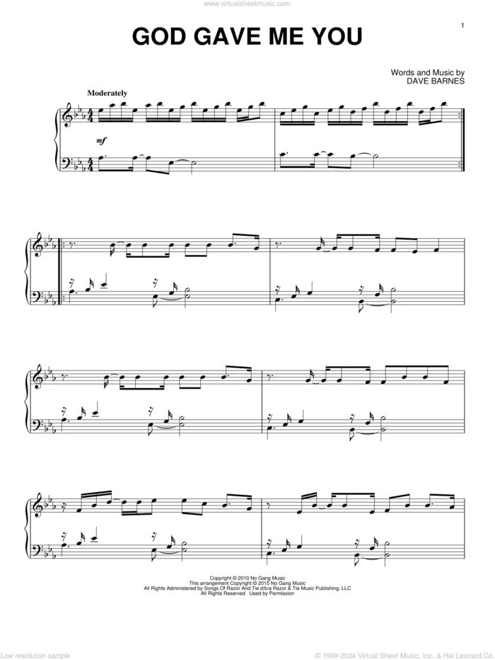 God Gave Me You sheet music for piano solo by Blake Shelton and Dave Barnes, wedding score, intermediate skill level