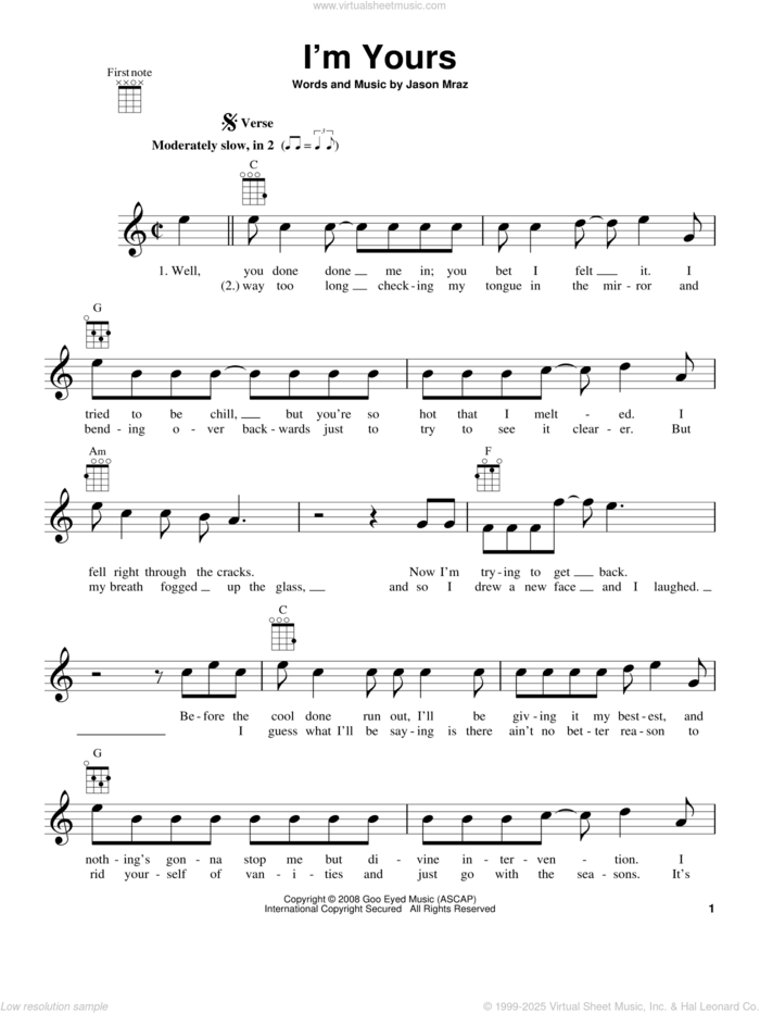 I'm Yours sheet music for ukulele by Jason Mraz, wedding score, intermediate skill level