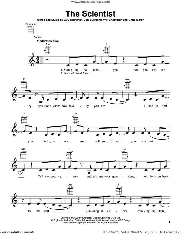 The Scientist sheet music for ukulele by Guy Berryman, Coldplay, Chris Martin, Jon Buckland and Will Champion, intermediate skill level