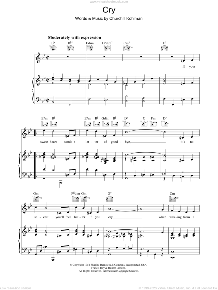 Cry sheet music for voice, piano or guitar by Churchill Kohlman, intermediate skill level