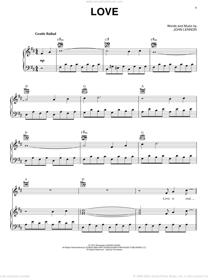 Love sheet music for voice, piano or guitar by John Lennon, wedding score, intermediate skill level