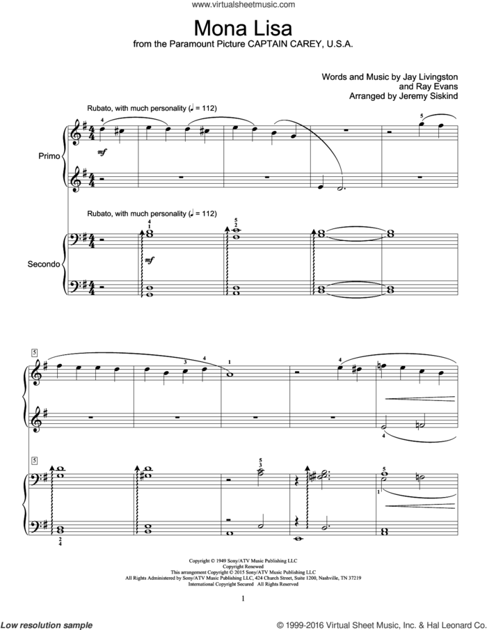 Mona Lisa sheet music for piano four hands by Nat King Cole, Jay Livingston and Ray Evans, intermediate skill level