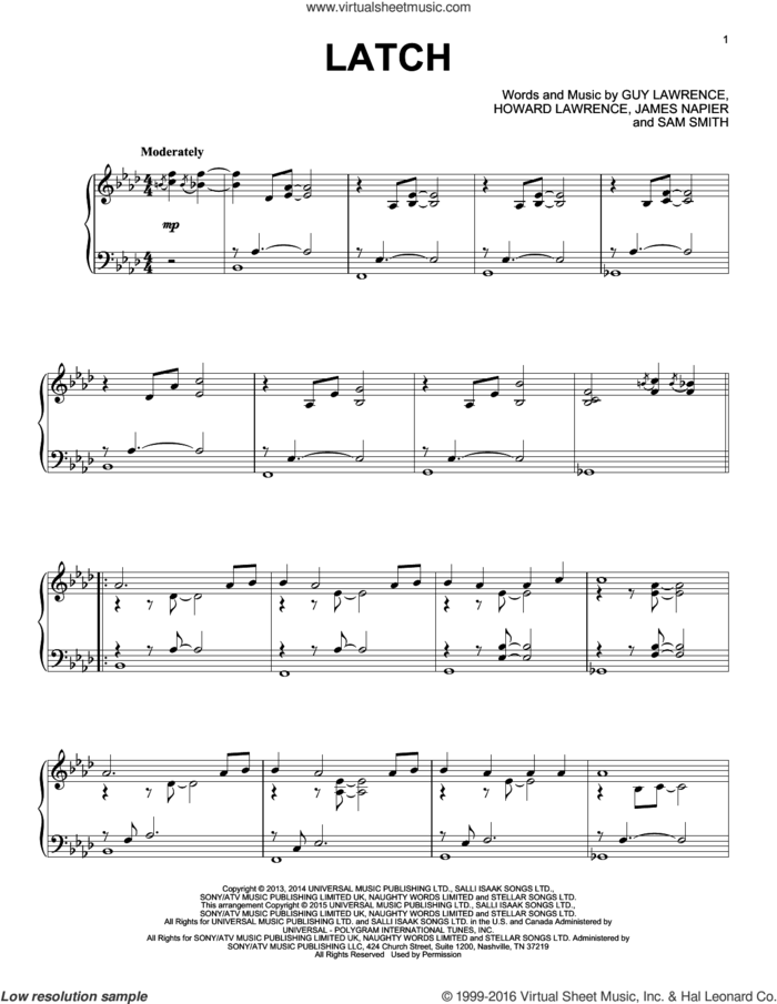 Latch sheet music for piano solo by Disclosure feat. Sam Smith, Guy Lawrence, Howard Lawrence, James Napier and Sam Smith, wedding score, intermediate skill level