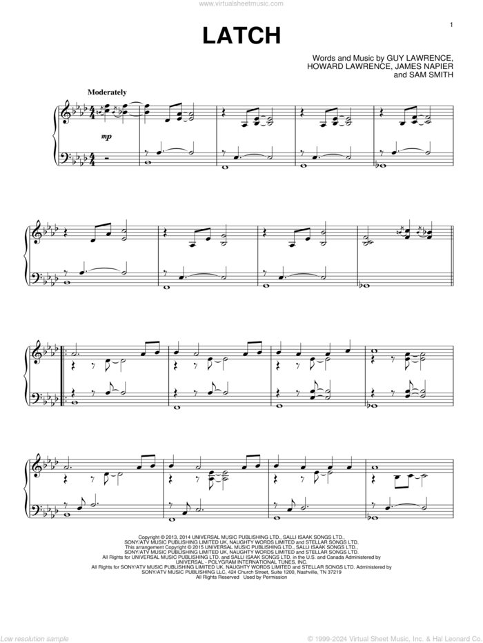 Latch sheet music for piano solo by Disclosure feat. Sam Smith, Guy Lawrence, Howard Lawrence, James Napier and Sam Smith, wedding score, intermediate skill level