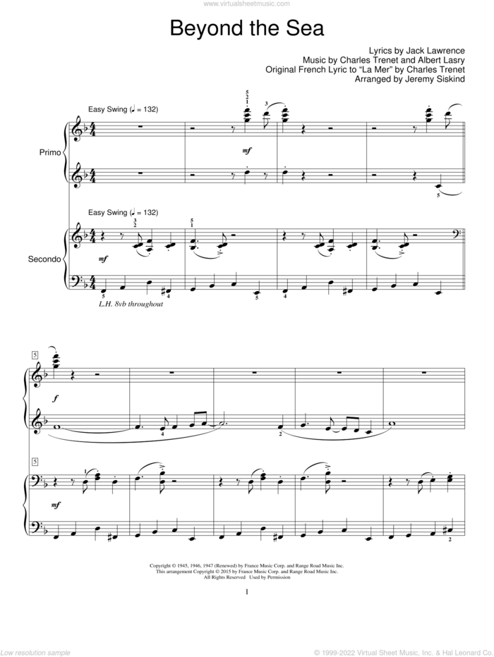 Beyond The Sea sheet music for piano four hands by Bobby Darin, Roger Williams, Albert Lasry, Charles Trenet and Jack Lawrence, intermediate skill level