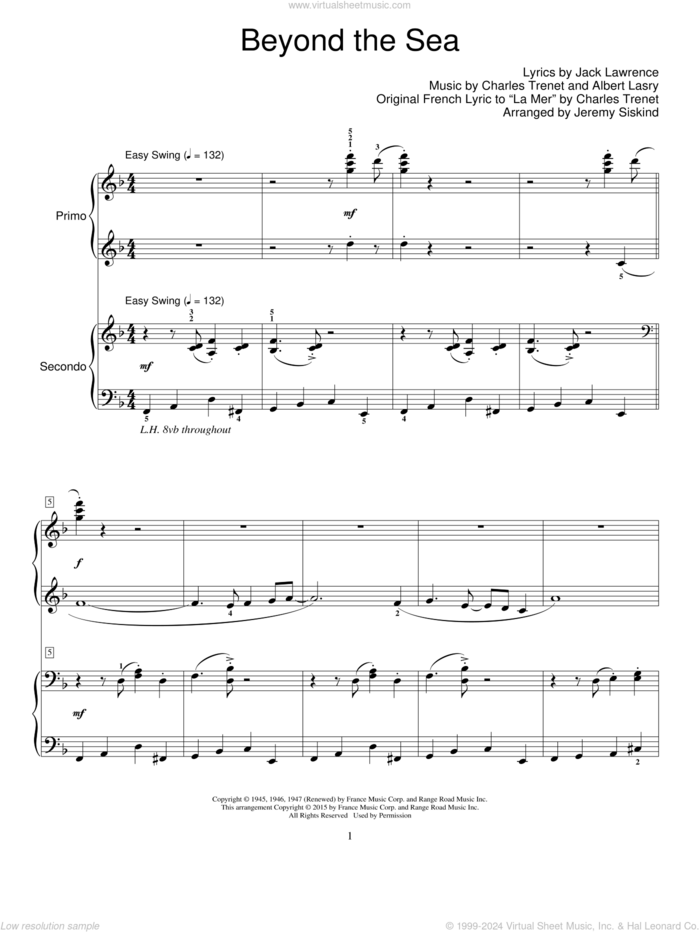 Beyond The Sea sheet music for piano four hands by Bobby Darin, Roger Williams, Albert Lasry, Charles Trenet and Jack Lawrence, intermediate skill level