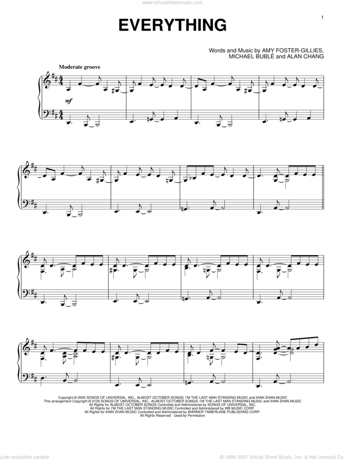 Everything, (intermediate) sheet music for piano solo by Michael Buble, Alan Chang and Amy Foster-Gillies, wedding score, intermediate skill level