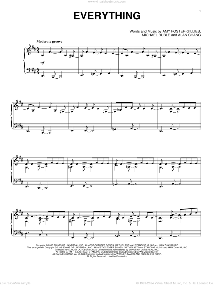 Everything, (intermediate) sheet music for piano solo by Michael Buble, Alan Chang and Amy Foster-Gillies, wedding score, intermediate skill level