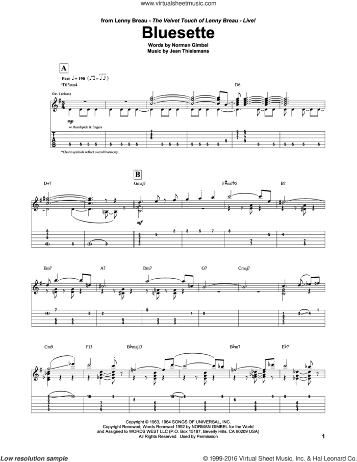 Bluesette sheet music for guitar (tablature) by Lenny Breau, Sarah Vaughn, Toots Thielemans, Toots Thielmans, Jean Thielemans and Norman Gimbel, intermediate skill level