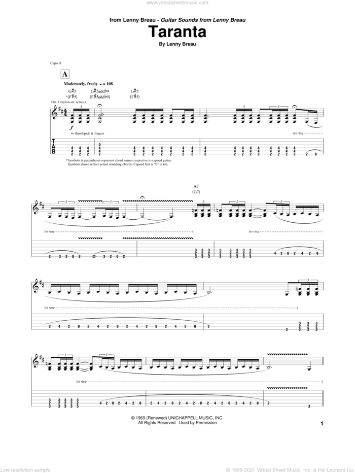 Taranta sheet music for guitar (tablature) by Lenny Breau, intermediate skill level