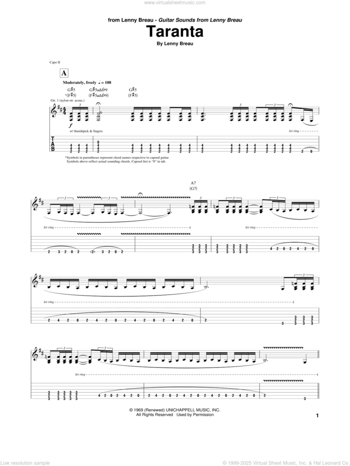 Taranta sheet music for guitar (tablature) by Lenny Breau, intermediate skill level