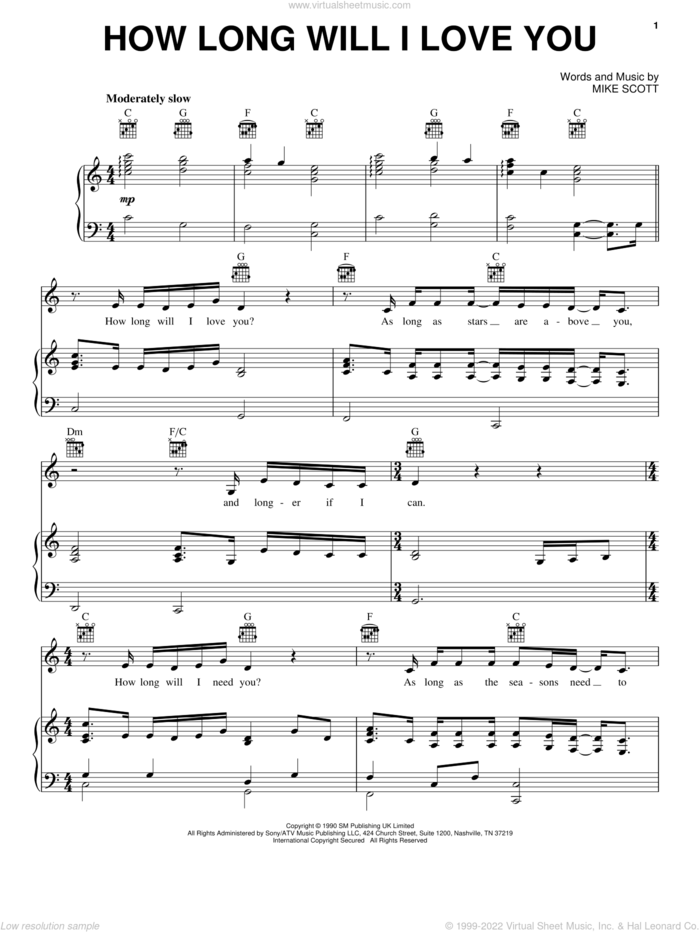 How Long Will I Love You sheet music for voice, piano or guitar by Ellie Goulding and Mike Scott, wedding score, intermediate skill level