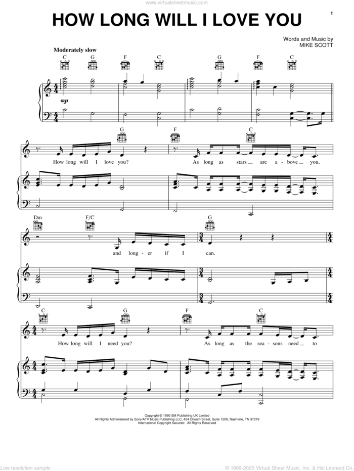 How Long Will I Love You sheet music for voice, piano or guitar by Ellie Goulding and Mike Scott, wedding score, intermediate skill level