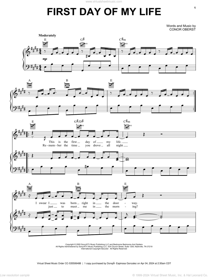 First Day Of My Life sheet music for voice, piano or guitar by Bright Eyes and Conor Oberst, wedding score, intermediate skill level