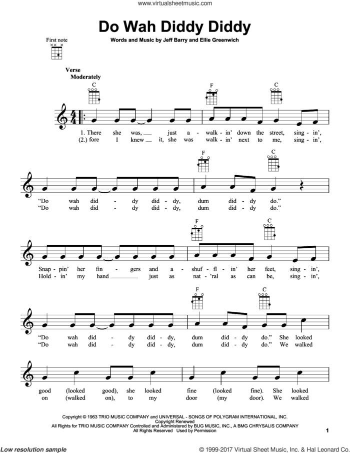 Do Wah Diddy Diddy sheet music for ukulele by Manfred Mann, Ellie Greenwich and Jeff Barry, intermediate skill level