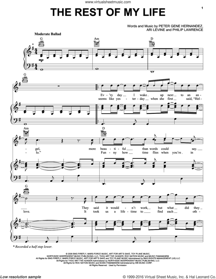The Rest Of My Life sheet music for voice, piano or guitar by Bruno Mars, Ari Levine, Peter Gene Hernandez and Philip Lawrence, wedding score, intermediate skill level