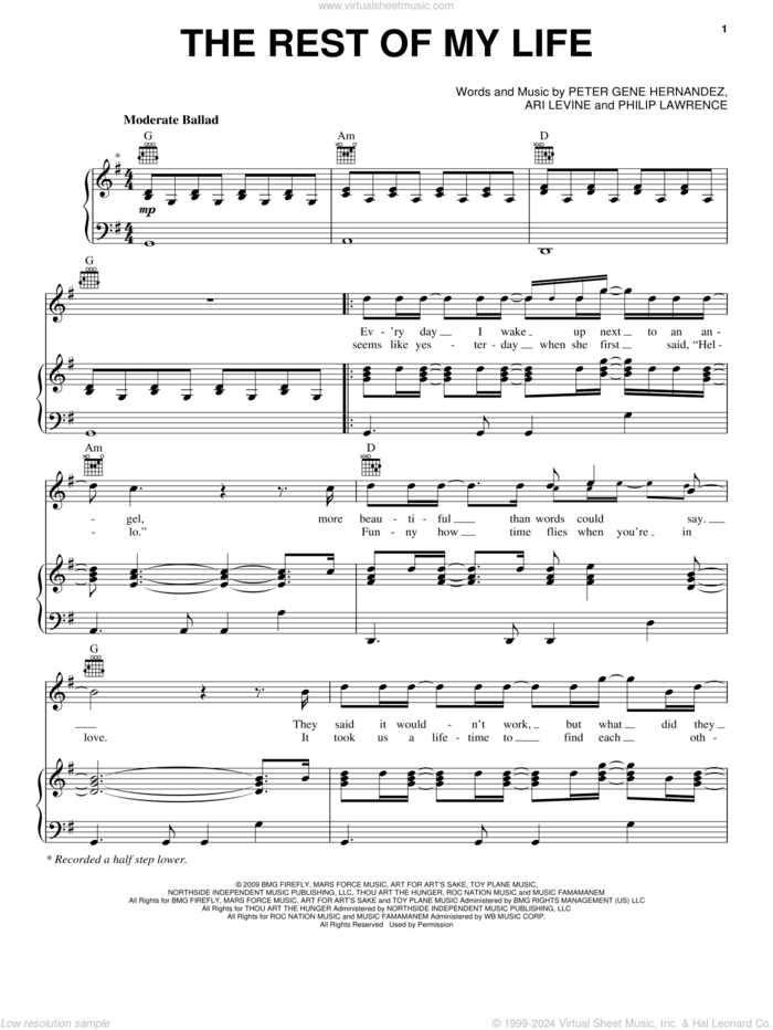 The Rest Of My Life sheet music for voice, piano or guitar by Bruno Mars, Ari Levine, Peter Gene Hernandez and Philip Lawrence, wedding score, intermediate skill level