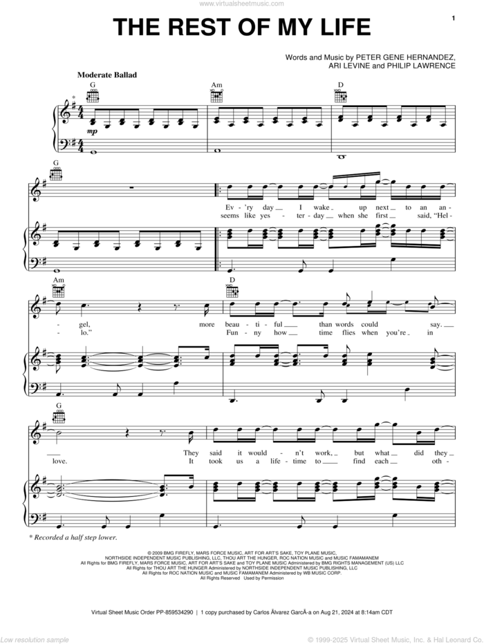 The Rest Of My Life sheet music for voice, piano or guitar by Bruno Mars, Ari Levine, Peter Gene Hernandez and Philip Lawrence, wedding score, intermediate skill level