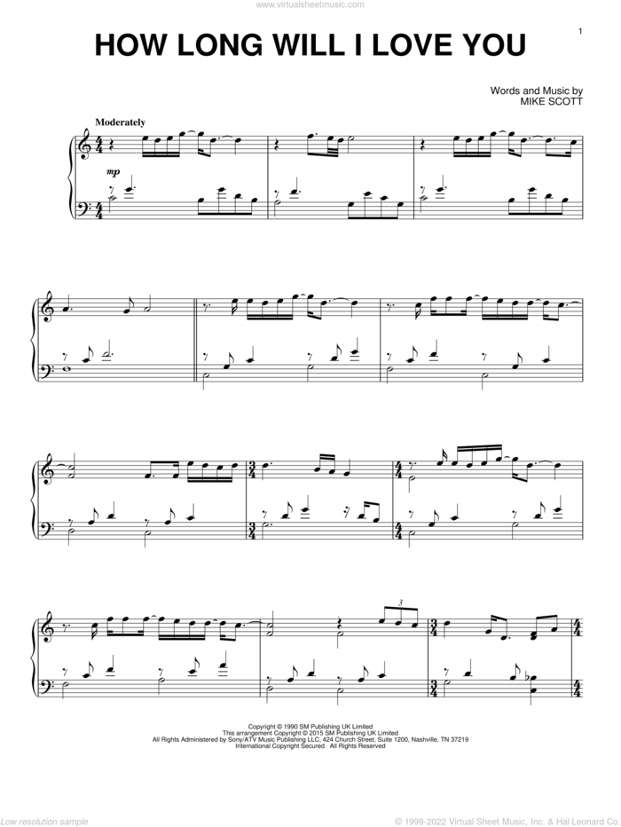 How Long Will I Love You, (intermediate) sheet music for piano solo by Ellie Goulding and Mike Scott, wedding score, intermediate skill level