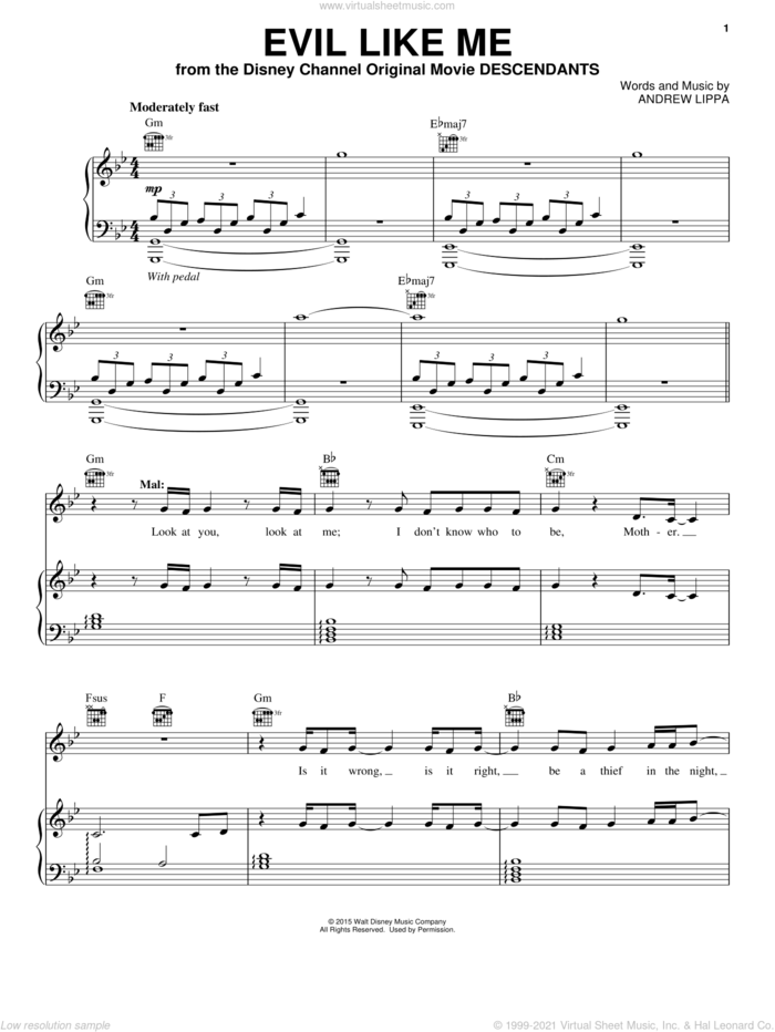 Evil Like Me (from Disney's Descendants) sheet music for voice, piano or guitar by Andrew Lippa, intermediate skill level