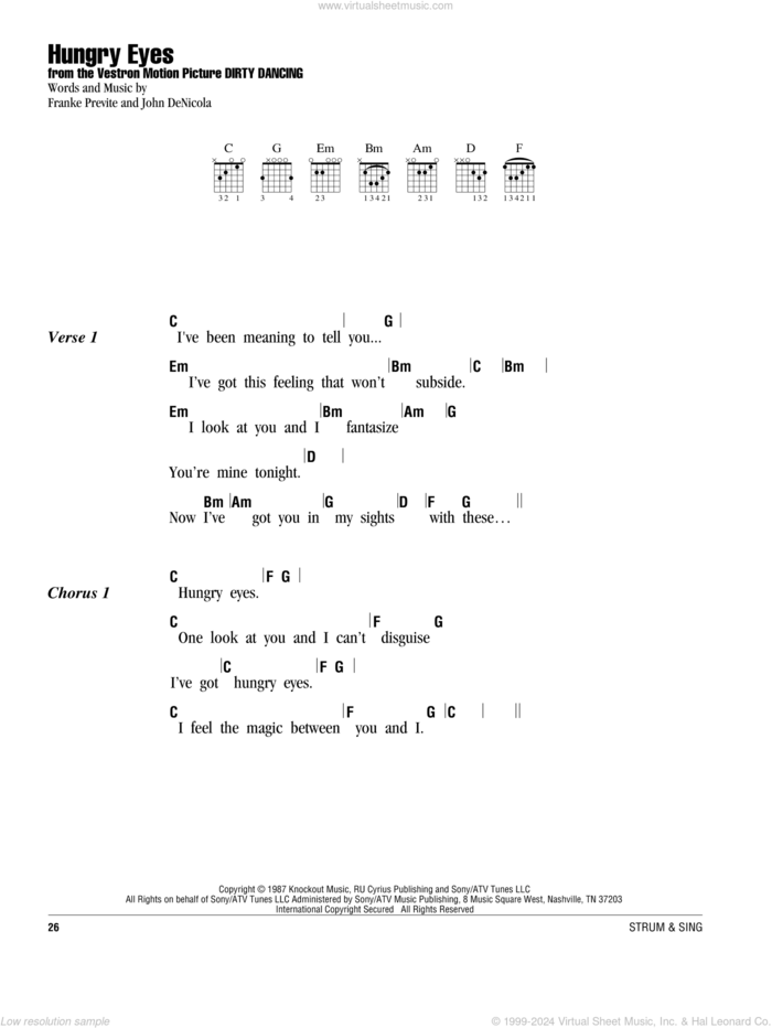 Hungry Eyes (from Dirty Dancing) sheet music for guitar (chords) by Eric Carmen, Franke Previte and John DeNicola, wedding score, intermediate skill level