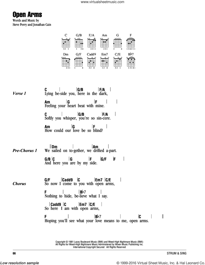 Open Arms sheet music for guitar (chords) by Journey, Mariah Carey, Jonathan Cain and Steve Perry, intermediate skill level