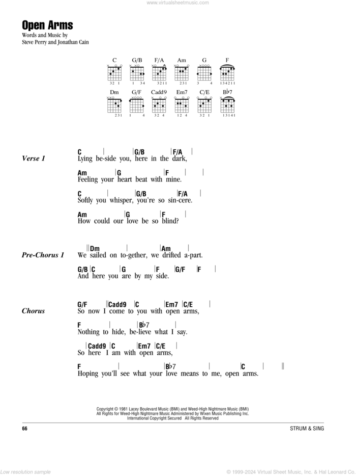 Open Arms sheet music for guitar (chords) by Journey, Mariah Carey, Jonathan Cain and Steve Perry, intermediate skill level