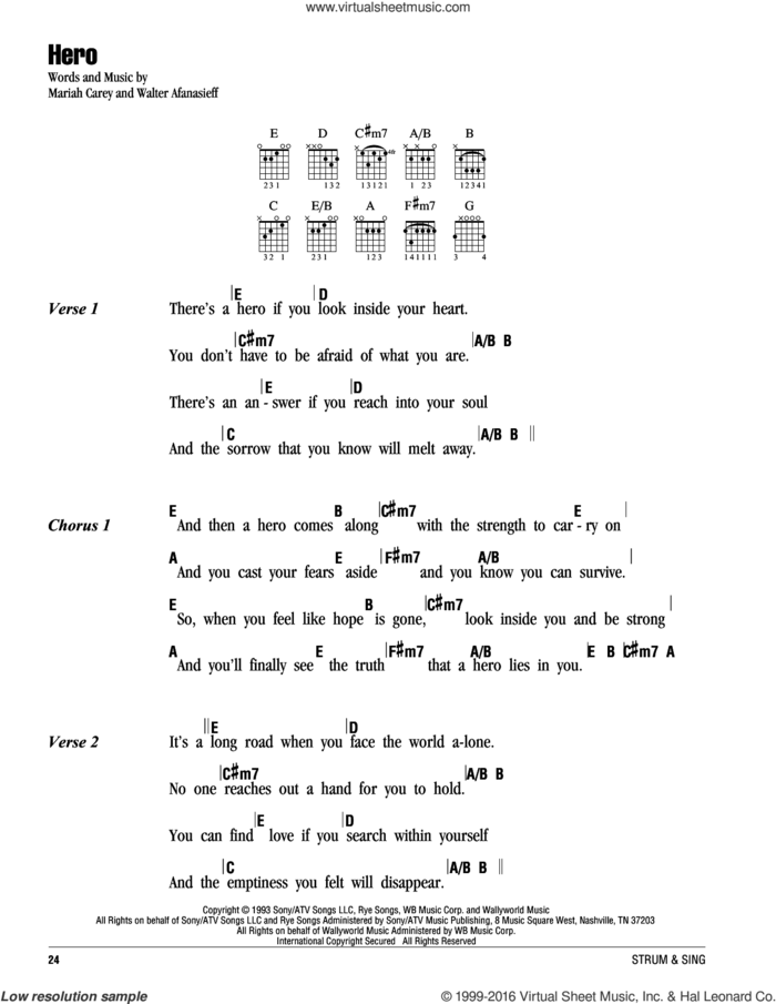 Hero sheet music for guitar (chords) by Mariah Carey and Walter Afanasieff, intermediate skill level