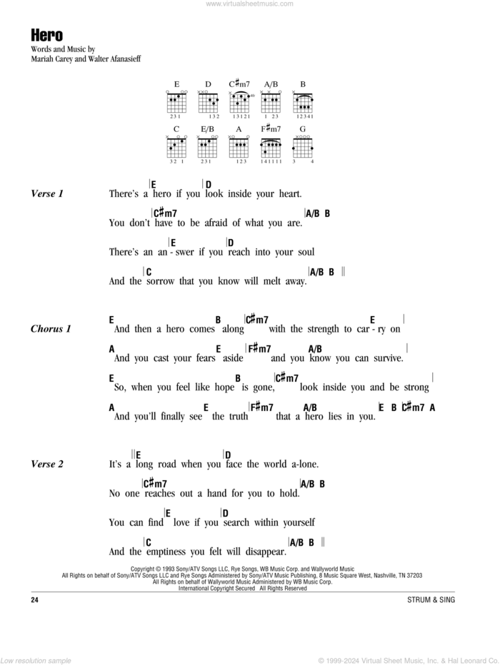 Hero sheet music for guitar (chords) by Mariah Carey and Walter Afanasieff, wedding score, intermediate skill level