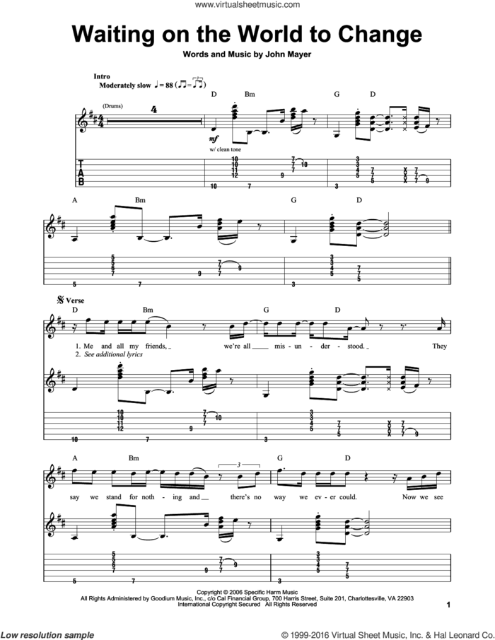 Waiting On The World To Change sheet music for guitar (tablature, play-along) by John Mayer, intermediate skill level