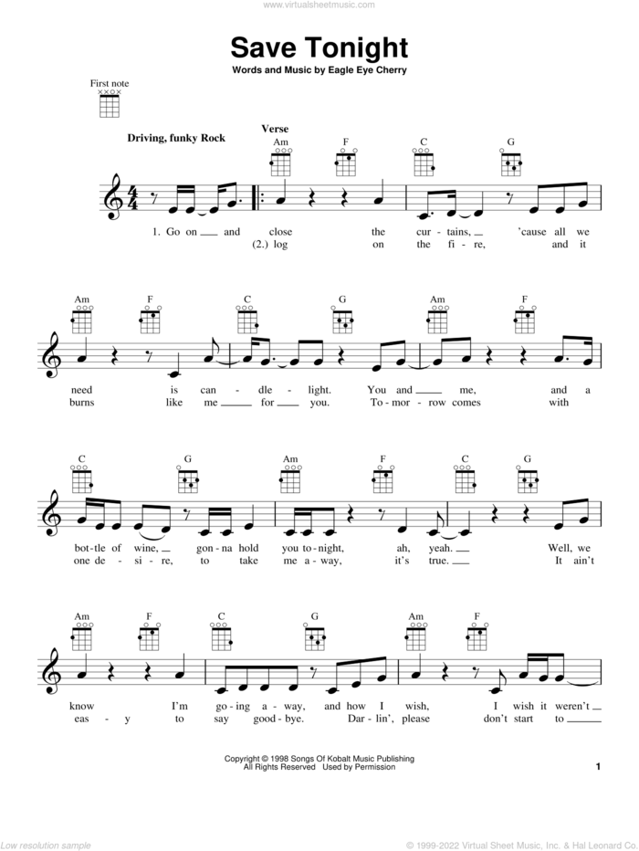 Save Tonight sheet music for ukulele by Eagle-Eye Cherry, intermediate skill level