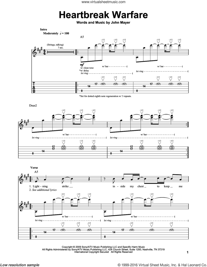 Heartbreak Warfare sheet music for guitar (tablature, play-along) by John Mayer, intermediate skill level