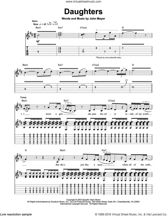 Daughters sheet music for guitar (tablature, play-along) by John Mayer, intermediate skill level