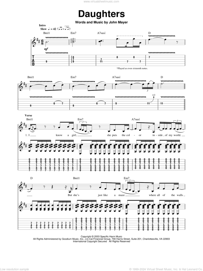 Daughters sheet music for guitar (tablature, play-along) by John Mayer, intermediate skill level