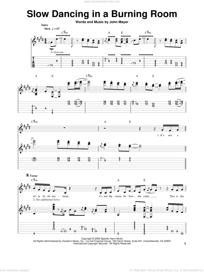 Slow Dancing In A Burning Room sheet music for guitar (tablature, play-along) by John Mayer, intermediate skill level