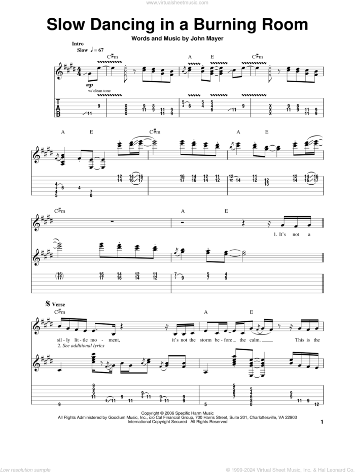 Slow Dancing In A Burning Room sheet music for guitar (tablature, play-along) by John Mayer, intermediate skill level