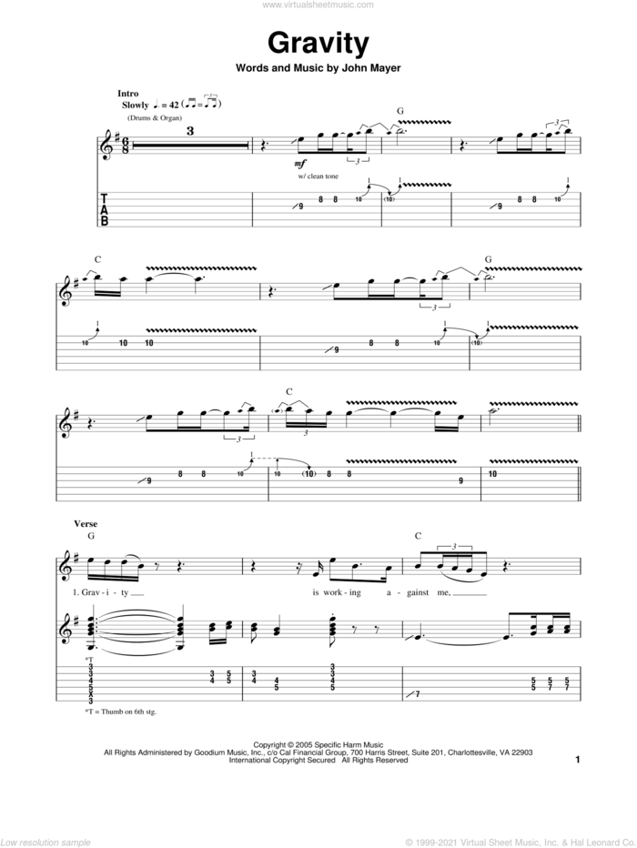 Gravity sheet music for guitar (tablature, play-along) by John Mayer, intermediate skill level