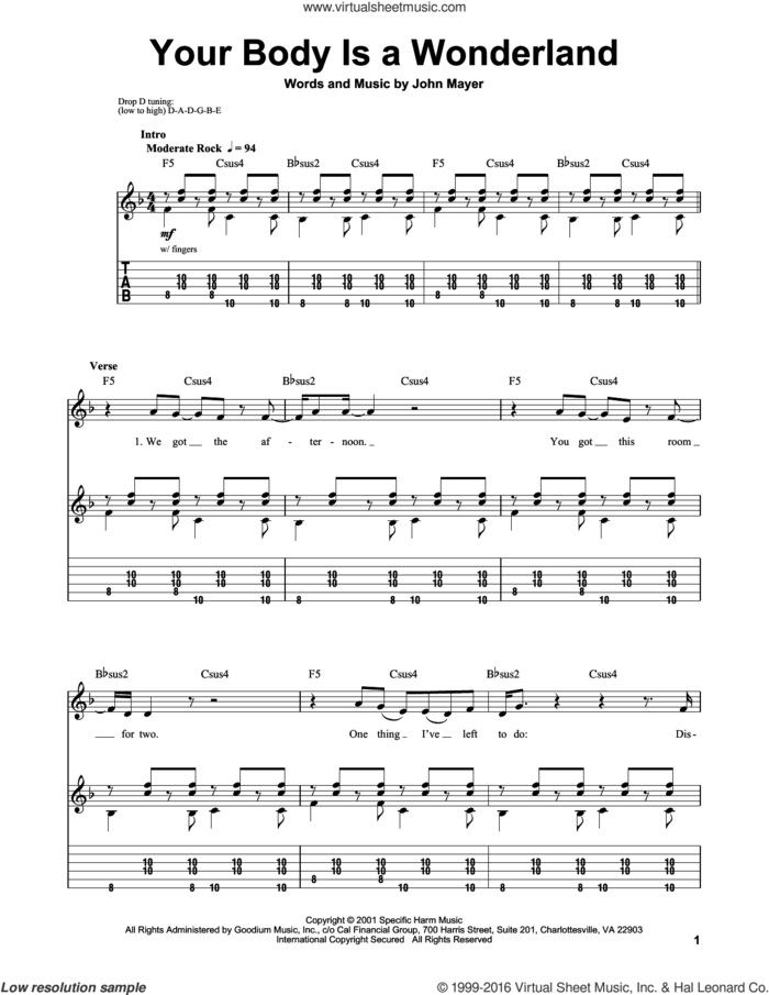 Your Body Is A Wonderland sheet music for guitar (tablature, play-along) by John Mayer, intermediate skill level