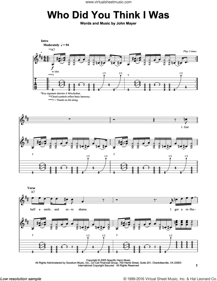 Who Did You Think I Was sheet music for guitar (tablature, play-along) by John Mayer, intermediate skill level