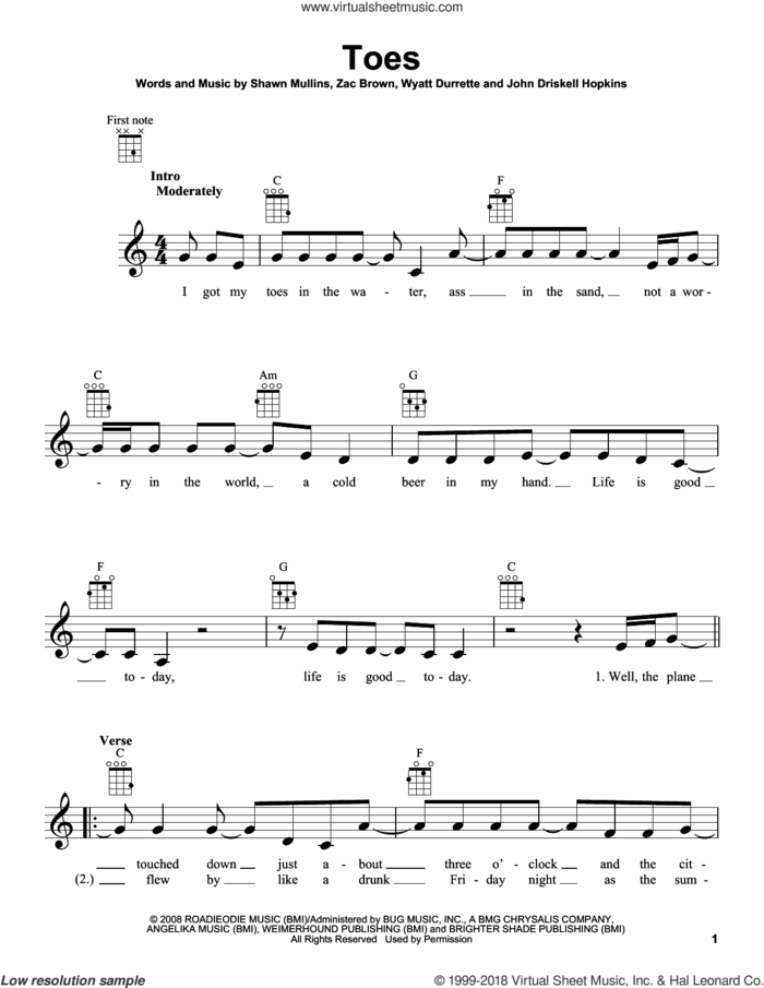 Toes sheet music for ukulele by Zac Brown Band, Miscellaneous, John Driskell Hopkins, Shawn Mullins, Wyatt Durrette and Zac Brown, intermediate skill level