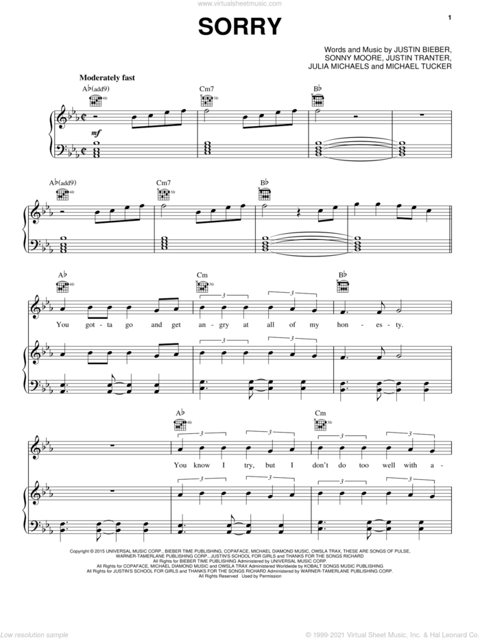 Sorry sheet music for voice, piano or guitar by Justin Bieber, Julia Michaels, Justin Beiber, Justin Tranter, Michael Tucker and Sonny Moore, intermediate skill level
